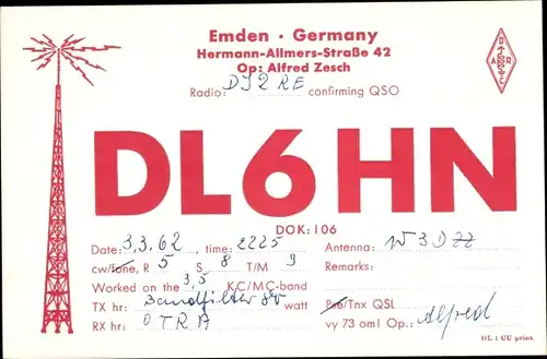 Ak QSL Funkerkarte Emden in Ostfriesland, DL6HN, Alfred Zesch