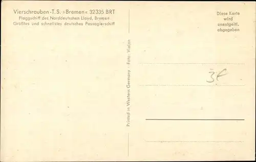 Ak Dampfschiff Bremen, Norddeutscher Lloyd, Vierschrauben TS