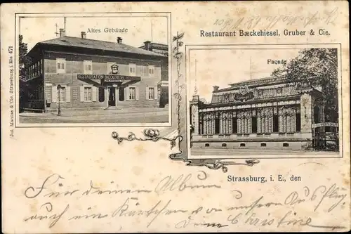 Ak Straßburg Elsaß Bas Rhin, Restaurant Baeckehiesel, Gruber & Cie., altes Gebäude