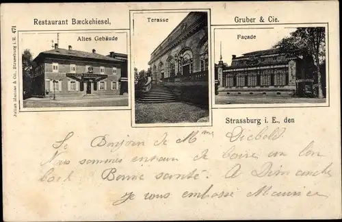 Ak Straßburg Elsaß Bas Rhin, Restaurant Baeckehiesel, Gruber & Cie., altes Gebäude