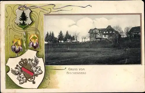 Wappen Passepartout Ak Bischoffsheim Bischofsheim Elsass Bas Rhin, Häuser auf dem Bischenberg