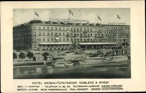 Künstler Ak Koblenz am Rhein, Hotel Riesen Fürstenhof, Salondampfer