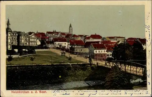 Ak Neunkirchen im Saarland, Stadtpanorama, Flusspartie, Brücke