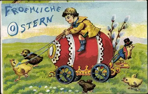 Ak Glückwunsch Ostern, Ostereiwagen, Küken, Weidenkätzchen