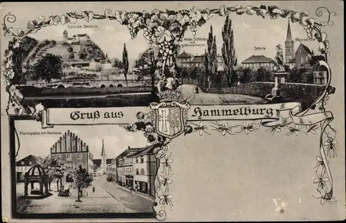 Passepartout Ak Hammelburg in Unterfranken Bayern, Markt, Rathaus, Schloss Saaleck, Schule
