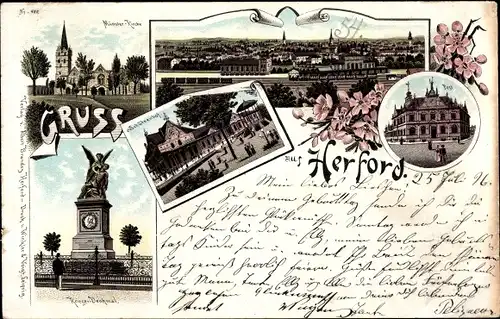 Litho Herford in Nordrhein Westfalen, Schützenhof, Post, Münsterkirche, Kriegerdenkmal, Bahnhof