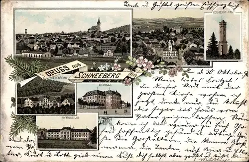 Litho Schneeberg im Erzgebirge, Keilbergturm, Gymnasium, Seminar, Gleesberg, Blick auf den Ort