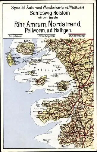 Landkarten Ak Nordfriesische Inseln, Föhr, Amrum, Husum