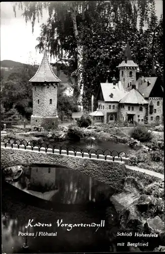 Ak Pockau im Erzgebirge Sachsen, Kadens Vorgartenidyll, Schloss Hohenfels mit Bergfried, Modellbau