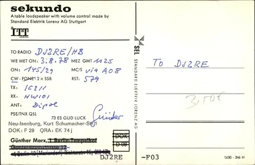 Ak QSL Karte, Funkerkarte, DL7HM, Sekundo Lautsprecher Lorenz AG Stuttgart, Reklame