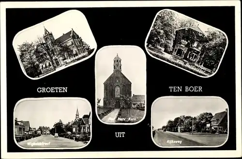 Ak Ten Boer Groningen, Ned. Herv. Kerk, Rijksweg, Villa Reddinckhof