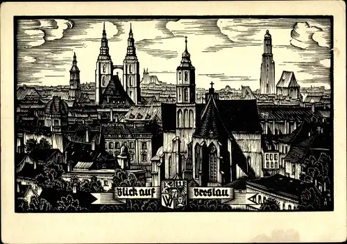 Künstler Ak Zimmermann, B., Wrocław Breslau Schlesien, Blick auf die Stadt, Wappen, Kirchturm