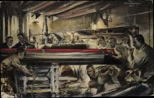 Künstler Ak Schwormstädt, Felix, Deutsches Kriegsschiff, Laden eines Torpedos, Kaiserliche Marine