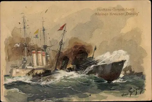 Künstler Litho Bohrdt, Hans, Deutsche Kriegsschiffe, Kleiner Kreuzer Danzig, Hochsee Torpedoboote