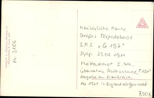 Ak Deutsches Kriegsschiff, Torpedoboot G 197 in Fahrt, Kaiserliche Marine