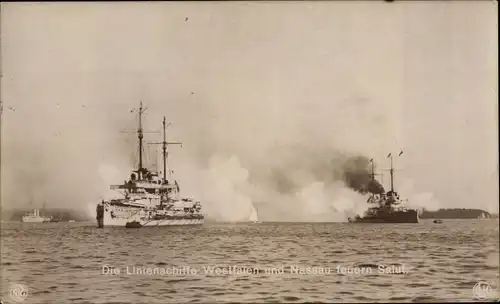 Ak Deutsche Kriegsschiffe, SMS Westfalen, SMS Nassau, Linienschiffe, NPG, Kaiserliche Marine