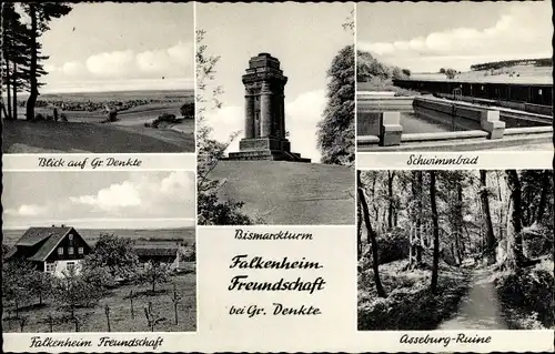 Ak Denkte in Niedersachsen, Schwimmbad, Falkenheim Freundschaft, Bismarckturm, Asseburg Ruine