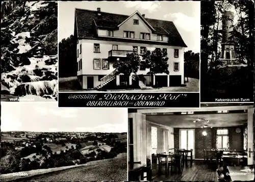 Ak Oberdielbach Waldbrunn im Odenwald, Panorama, Pension Dielbacher Hof, Katzenbuckel Turm