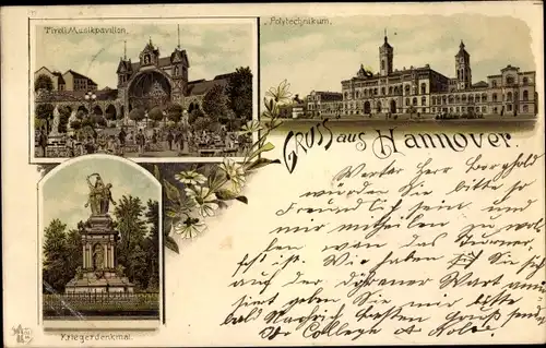 Litho  Hannover in Niedersachsen, Polytechnikum, Trivoli Musikpavillon, Kriegerdenkmal