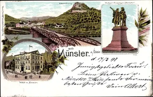 Litho Bad Münster am Stein Ebernburg Bad Kreuznach, Hotel zum Schwan, Hutten Sickingen Denkmal