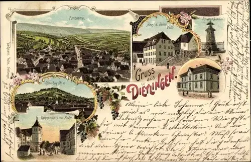 Litho Dietlingen Keltern in Baden, Kriegerdenkmal, Schulhaus, Rathausplatz, Kirche, Panorama