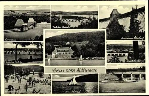 Ak Möhnesee im Kreis Soest Nordrhein Westfalen, Sperrmauer, Strandbad, Körbecker Brücke