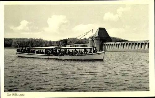 Ak Möhnesee im Kreis Soest Nordrhein Westfalen, Talsperre, Motorboot Karl Schmitz