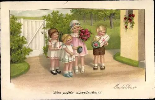 Künstler Ak Ebner, Pauli, Kinder mit Geschenken und Blumensträußen