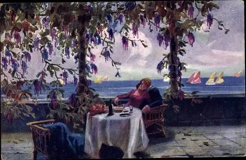 Künstler Ak Salvarani, A., W miłosnym upojeniu, Liebespaar am Tisch, Terrasse