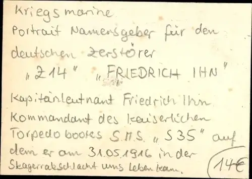 Sammelkarte Kapitänleutnant Friedrich Ihn, Kaiserliche Marine, Kommandant Torpedoboot SMS S35