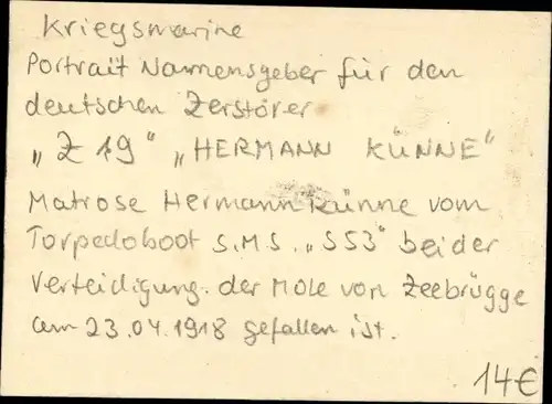 Sammelkarte Torpedomatrose Hermann Künne, Kaiserliche Marine, Torpedoboot  SMS S 53, Eisernes Kreuz