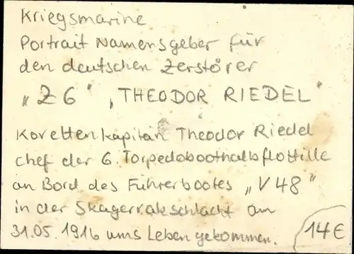 Sammelkarte Korvettenkapitän Theodor Riedel, Kaiserliche Marine, Kommandant Führerboot V 48