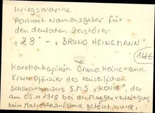 Sammelkarte Korvettenkapitän Bruno Heinemann, Kaiserl. Marine, Kommandant Schlachtkreuzer SMS König