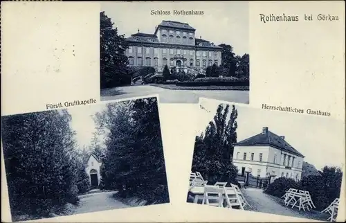 Ak Červený Hrádek Rothenhaus Jirkov Görkau Region Aussig, Schloss, Gasthaus, Gruftkapelle