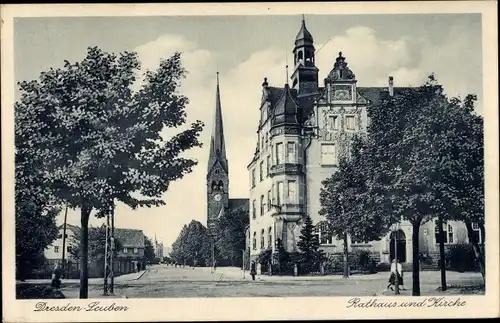 Ak Dresden Leuben, Rathaus und Kirche