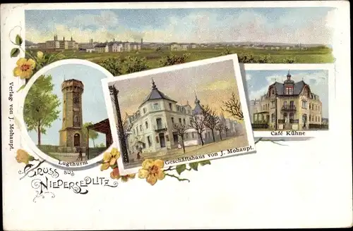 Litho Dresden Ost Niedersedlitz, Panorama, Lugturm, Geschäftshaus v. J. Mohaupt, Cafe Kühne