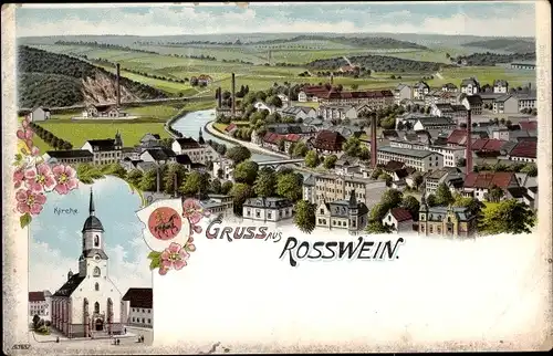 Litho Roßwein in Sachsen, Kirche, Blick auf den Ort