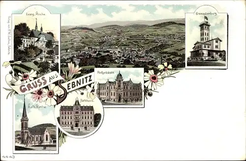 Litho Sebnitz in Sachsen, Kirche, Postgebäude, Rathaus, Grenadierburg, Panorama vom Ort