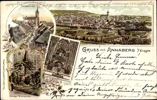 Litho Annaberg Buchholz Erzgebirge, Luther Denkmal, Hauptkirche, Totalansicht