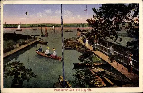 Ak Legnica Liegnitz Schlesien, Blick auf den Pansdorfer See, Ruderboote