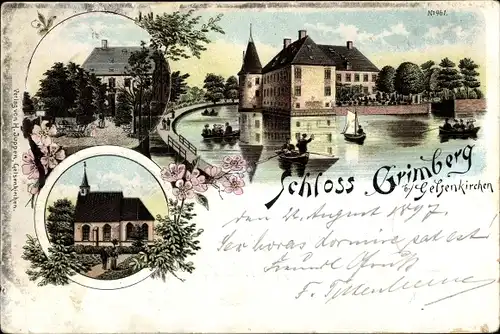 Litho Gelsenkirchen im Ruhrgebiet, Blick auf das Schloss Grimberg, Boote