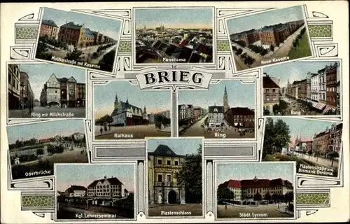 Ak Brzeg Brieg Schlesien, Kaserne, Lyzeum, Rathaus, Piastenschloss, Lehrerseminar, Milchstraße