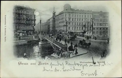 Mondschein Ak Berlin Mitte, Blick auf die Weidendammer Brücke