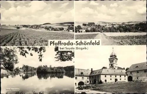 Ak Schönfeld Pfaffroda Olbernhau im Erzgebirge, Feierabendheim, Schlossparkteich, Feld, Panorama