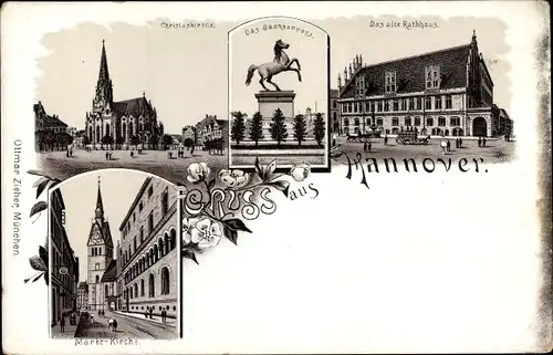 Litho Hannover in Niedersachsen, Altes Rathaus, Sachsenross, Christuskirche, Markt Kirche