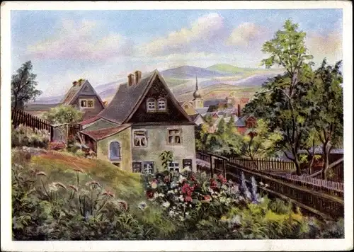 Künstler Ak Neumeier, Wilhelm, Olbernhau im Erzgebirge Haus mit Garten