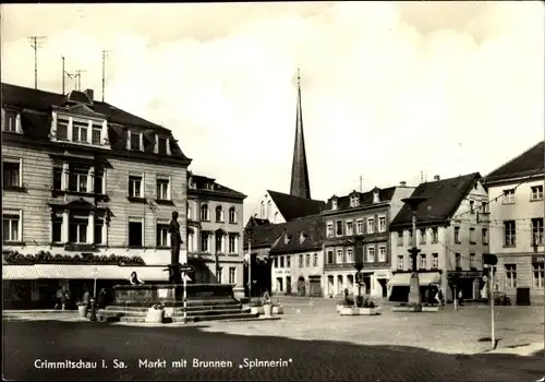 Ak Crimmitschau in Sachsen, Markt mit Brunnen Spinnerin