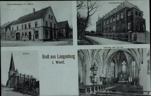 Ak Langenberg in Westfalen, Kirche, Krankenhaus, Geschäftshaus Fr. König