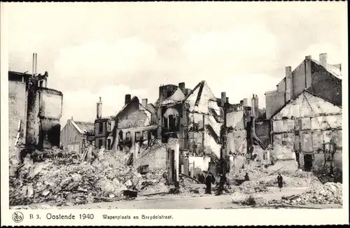 Ak Oostende Ostende Westflandern, Wapenplaats en Breydelstraat 1940, Zerstörungen