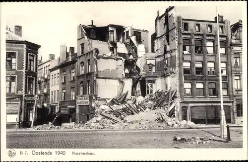 Ak Oostende Ostende Westflandern, Visscherskaal 1940, Zerstörungen